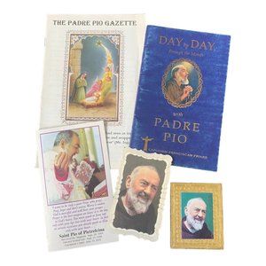 Padre Pio Icon Wood Gilded Novena Prayer Card Day Gazette Lot 5 Pieces Vintage